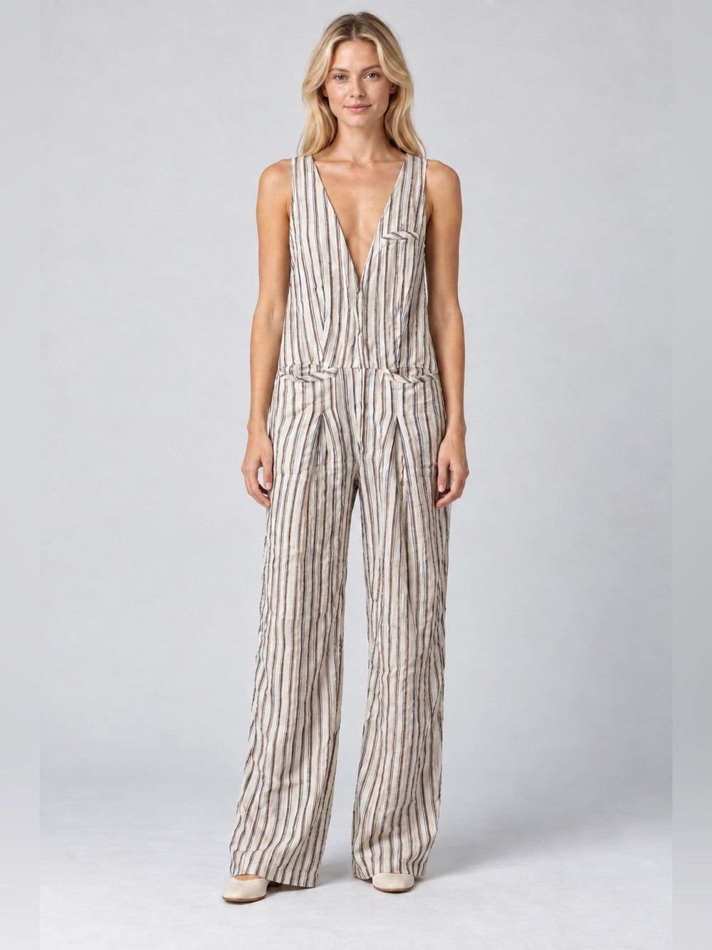 Free People Ivory Blue Striped Linen Wide Leg Jumpsuit Size 2 57362